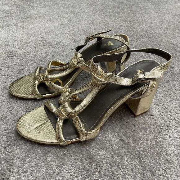 H&M Block Heels Sandals Womens 9 40 Gold Snake Skin Strappy Buckle Party Casual - Picture 2 of 12